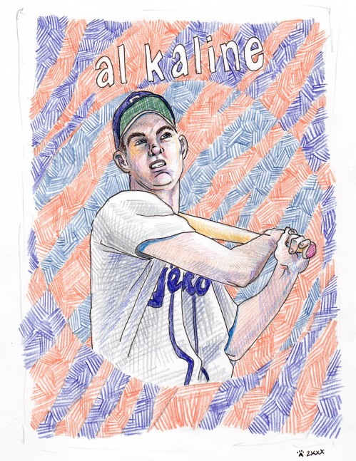 colored pencil drawing of young Al Kaline with tiger striped background